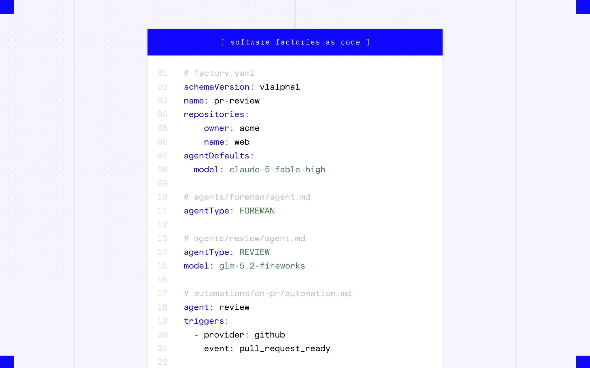 工厂配置以 YAML 记录,便于分支、重放与 A/B 测试